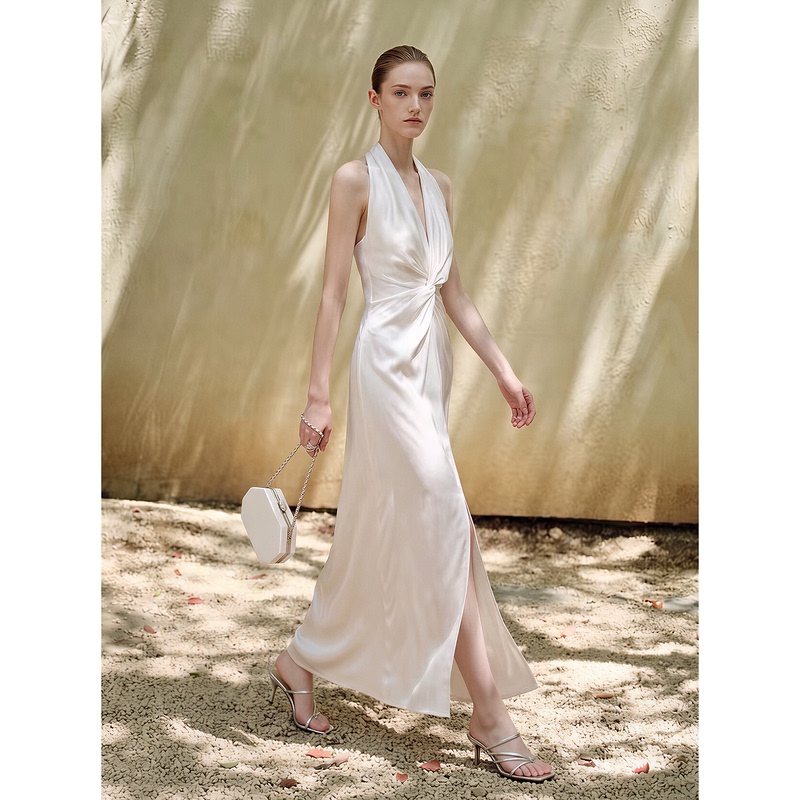 Missprins French Romantic Style Halter Neck Dress for Women, White Twisted Waist-Cinching Slit Long Dress, Light and Mature Elegance Missprins French Romantic Style Halter Neck Dress for Women, White Twisted Waist-Cinching Slit Long Dress, Light and Mature Elegance