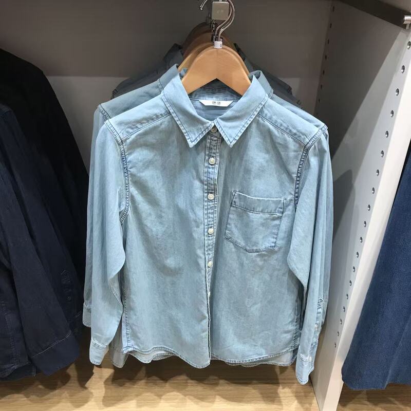 Uniqlo 492461 Women's Denim Shirt Long-Sleeve Washed Product Jacket Casual Single Pocket