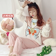 Bộ đồ ngủ nữ mùa thu cotton dài tay phù hợp dễ thương ngọt ngào phiên bản Hàn Quốc của sinh viên lỏng lẻo phục vụ nhà mùa xuân và mùa thu có thể được mặc