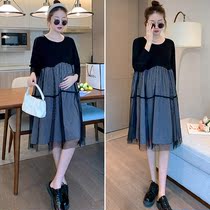 Pregnant Woman Lian Dress Spring New Fashion Foreign Air Mesh Red Doll Skirt Loose big code Long sleeves Round Collar Skirt Spring Dress