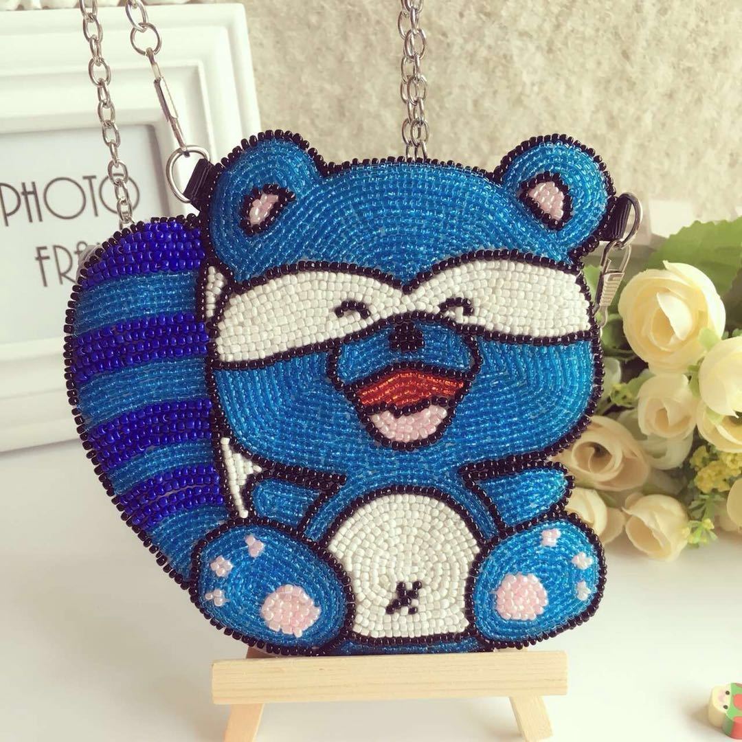 Rhododendron Beaded Embroidery Factory Direct Handmade Beaded Cartoon Cute Blue Bear One Shoulder Portable Messenger Bag