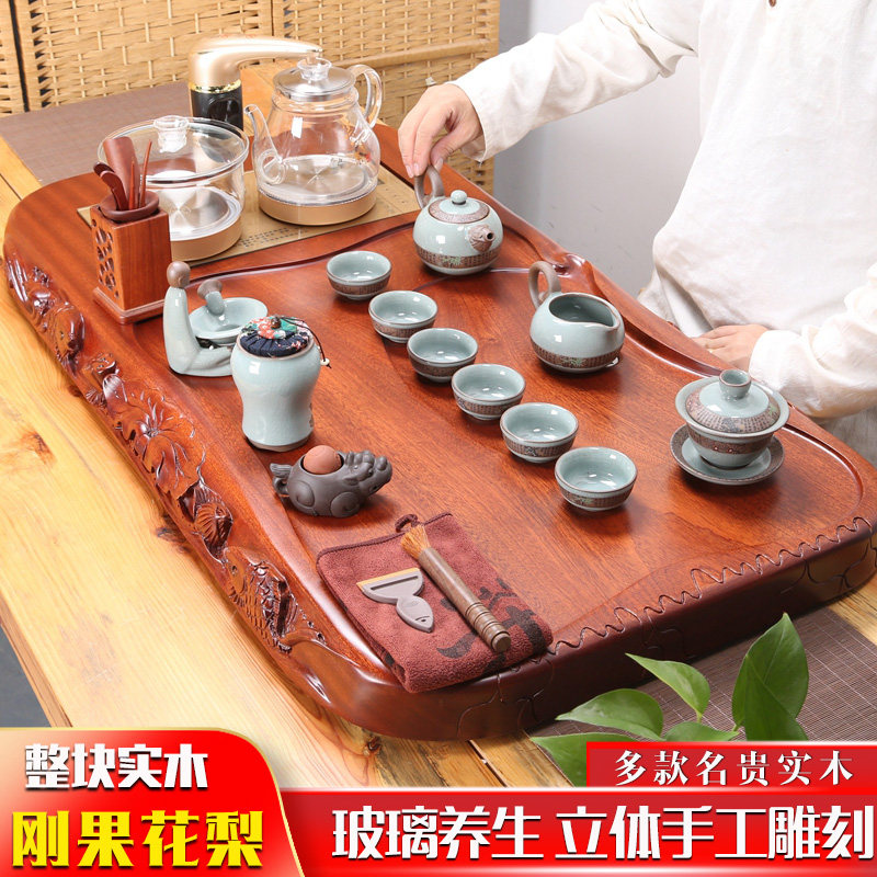 Flower pear wood whole solid wood log tea tray set of boiling kettle integrated fully automatic induction cooker tea table domestic tea set