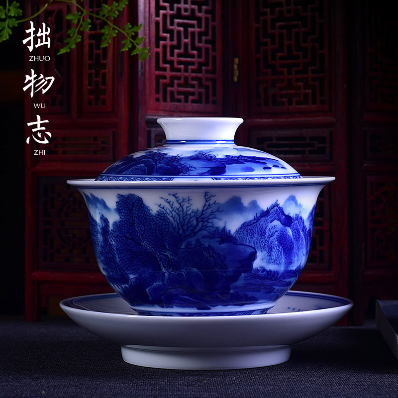 Jingdezhen full handmade green flower porcelain landscape cover bowl large number three only tea bowl tea cup reworked thin tire ceramic tea set male