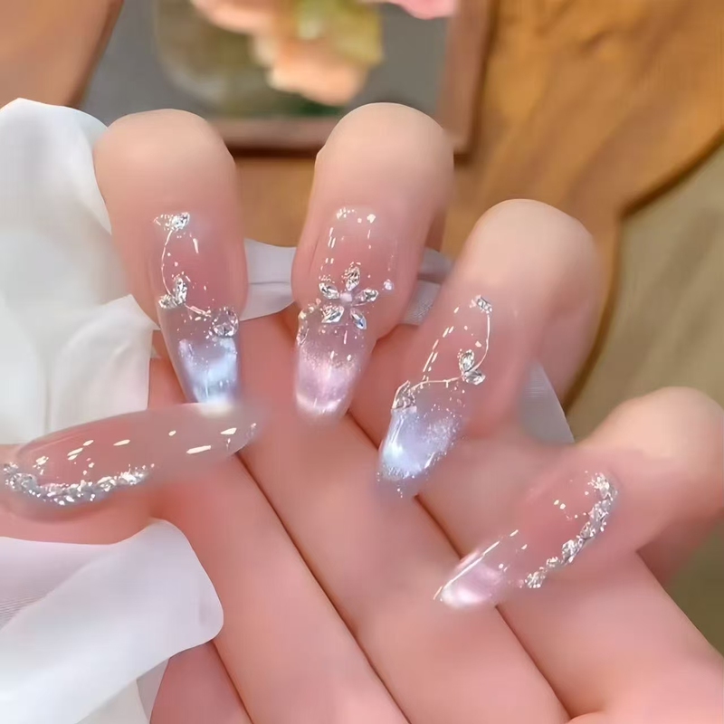 Purely Handmade New Style Elegant High-End Sparkling Butterfly Ice-Clear Crushed Diamond Press-On Nails Light Luxury Three-Dimensional Gentle Complexion-Enhancing Nail Art