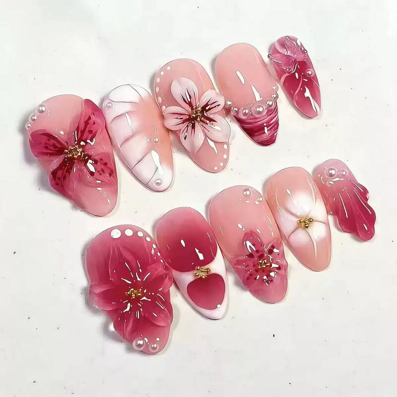 Purely Handmade Gradient Three-Dimensional Flower Butterfly Wearable Nails with Pearls, Gentle and High-End, Removable Nail Patches
