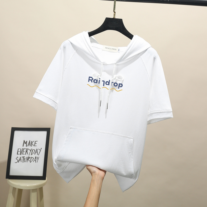 2023 New Summer Hooded Short-Sleeved T-Shirt for Women, Korean Style Loose Large Size Hooded Thin Sweatshirt Base Shirt Top