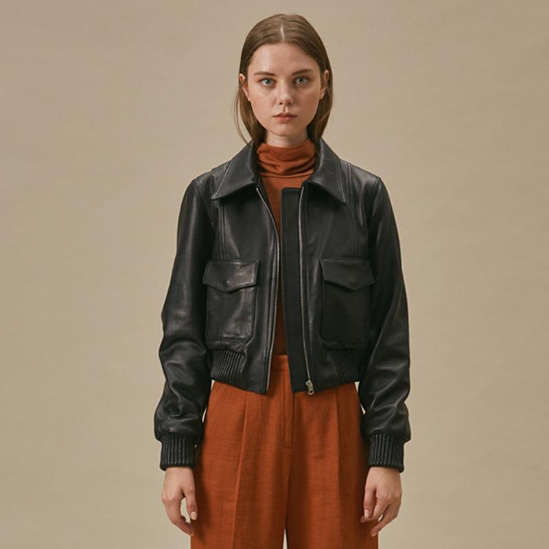 2026 Autumn/Winter Haining Women's Genuine Sheepskin Leather Jacket Short Slim Fit Baseball Style Leather Jacket Simple Casual Coat