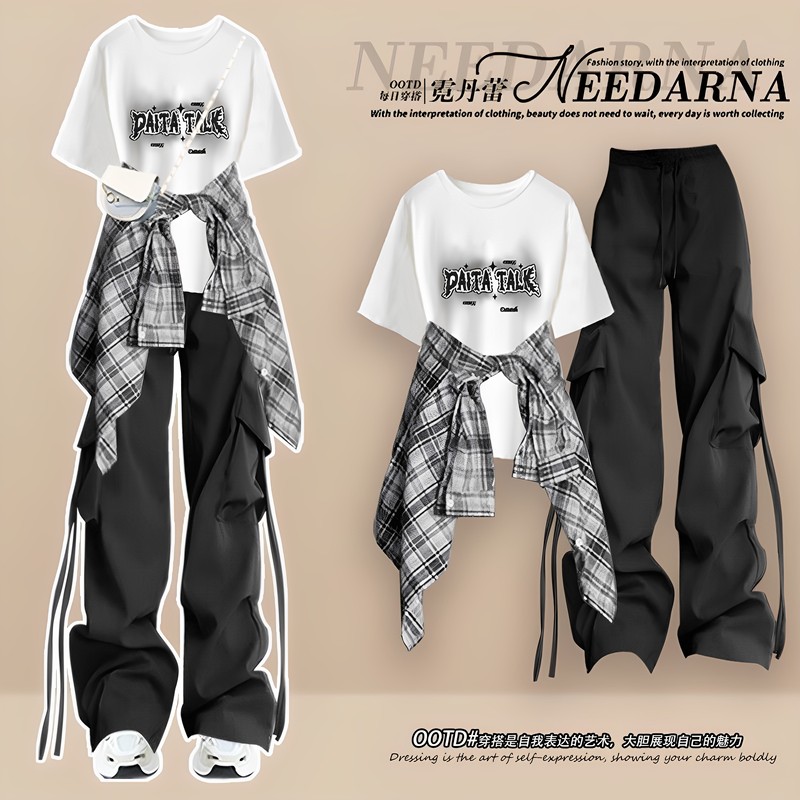 Summer Outfit for Girls and Students, Korean Style Loose Plaid Long-Sleeved Shirt + Short-Sleeved T-Shirt + Cargo Pants Three-Piece Trendy Set