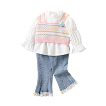 Fan Hunting Girl Spring Clothing Suit 2024 New Ocean Gas Trendy Baby Blouse Jeans Child Three Sets Spring Autumn