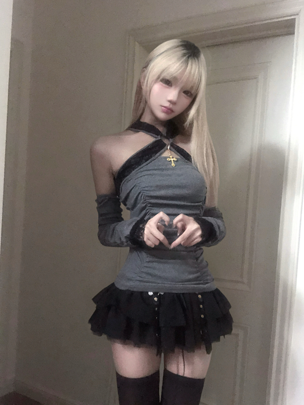 【Witch's Contract】Cold Desire Gray-Black Lace Patchwork Ruched Cross-Strap Slim Fit Off-Shoulder Top