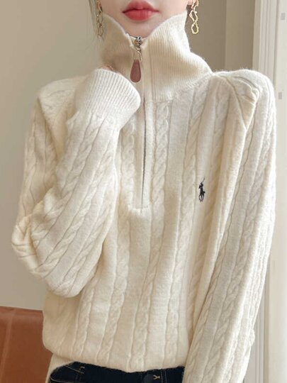 Suéter grueso de cuello alto con media cremallera para mujer, suéter de punto suelto con solapa, chaqueta cálida y perezosa holgada, 2024