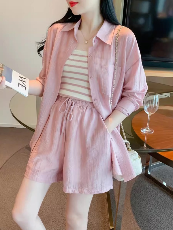 European Casual Fashion Sports Suit for Women 2026 New Summer Long-Sleeved Sun Protection Shirt Vest Shorts Three-Piece Set