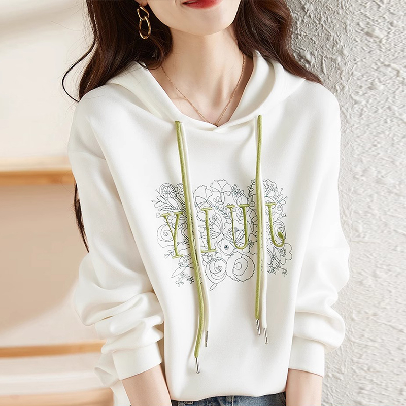 European Style High-End White Hooded Sweatshirt for Women 2026 Spring, Autumn and Winter New Velvet Cotton Casual Long-Sleeved T-Shirt European Style High-End White Hooded Sweatshirt for Women 2026 Spring, Autumn and Winter New Velvet Cotton Casual Long-Sleeved T-Shirt
