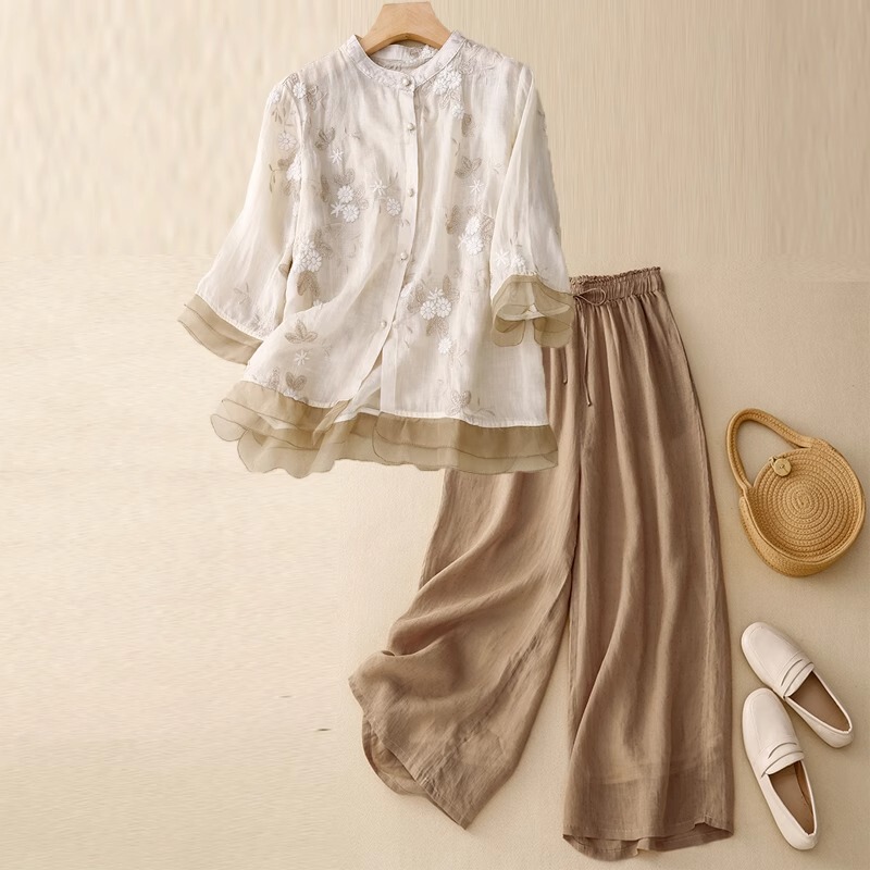 European Style New Chinese Embroidery Cotton and Linen Casual Sports Suit for Women 2026 Summer New Fashion Linen Two-Piece Set European Style New Chinese Embroidery Cotton and Linen Casual Sports Suit for Women 2026 Summer New Fashion Linen Two-Piece Set