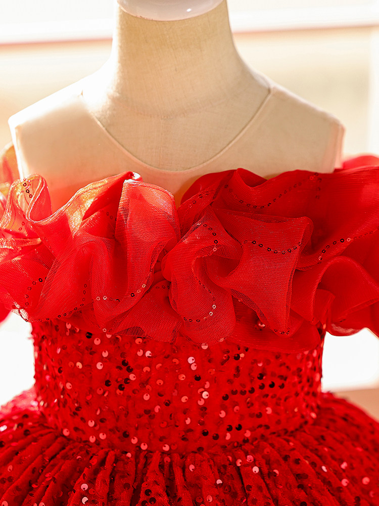 Girls' Dress, Princess Dress, Red Runway Show Host, Kidsren's Dress, Piano Performance Dress, Wedding Flower Girl Dress