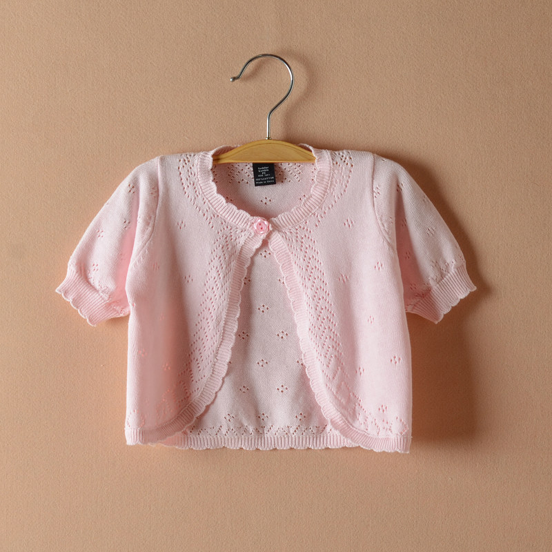 Girl Short Sleeve Knit Shawl Shoulder Spring Summer Season New Korean Version Princess Pure Color 100 Hitch Hollowed-out Small & Medium Boy Baby Outside