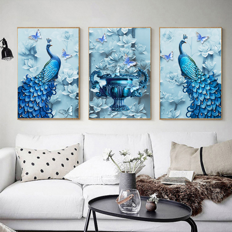 2021 New Diamond Painting Alien Diamond Diamond Embroidery Blue Peacock Vase Triple Draw Dining Room Diy