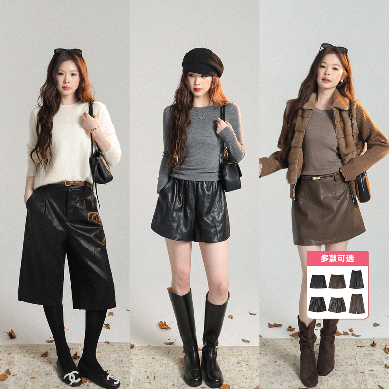 Fleurs Des Champs Pu Leather Shorts/Mid-Length Pants/Skirt