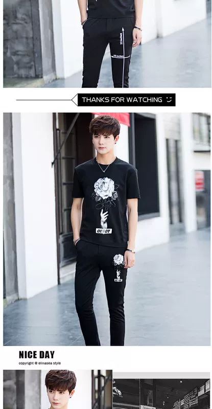 Xã hội Thanh niên Thể thao Quần âu Đặt quần áo cho học sinh nam Xu hướng áo ngắn Quần áo nam Bộ hai mảnh mùa hè quần giữ nhiệt nam