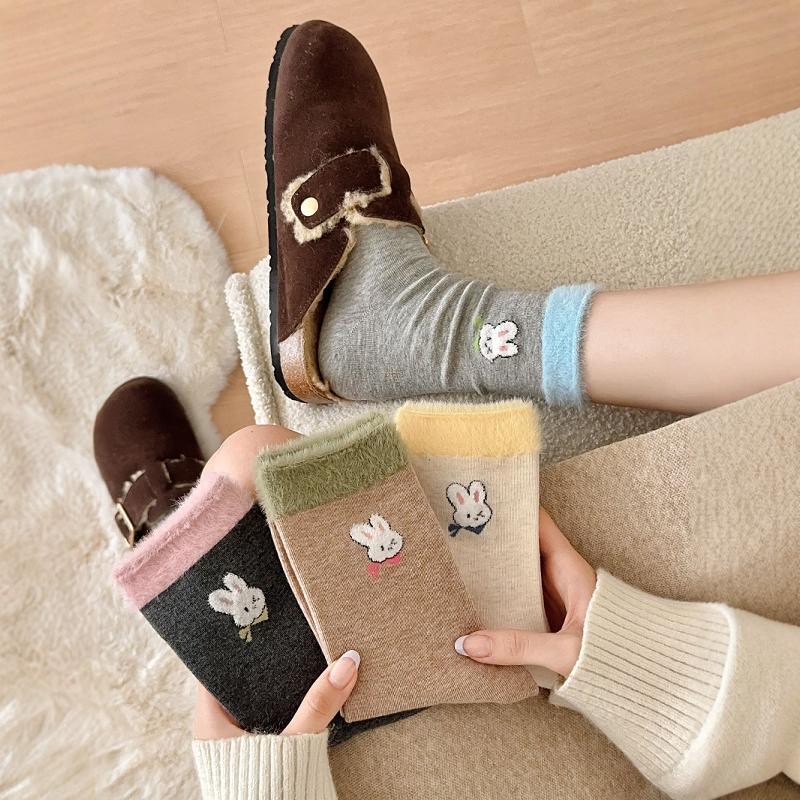 K-Style of the New Rabbit Flocked Socks for Women with Color Matching, Sweet Japanese Style Cartoon Cute Mid-Calf Socks, Pure Cotton Pile Socks K-Style of the New Rabbit Flocked Socks for Women with Color Matching, Sweet Japanese Style Cartoon Cute Mid-Calf Socks, Pure Cotton Pile Socks