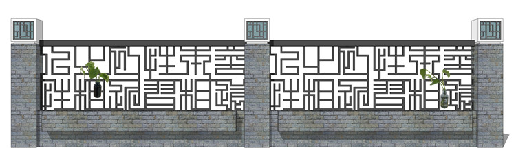 新中式徽派苏州园林风格庭院围墙铁艺防护栏窗花草图大师SU模型