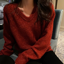 Red New Years sweater womens winter outwear jacket loose Ben life New Year Ocean Gas Lazy Retro Vintage Tv Leads the Knitted Sweatshirt