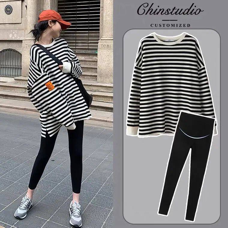 2023 New Spring and Autumn Pregnant Women two pieces of loose long sleeve striped jacket and wear fashion suit