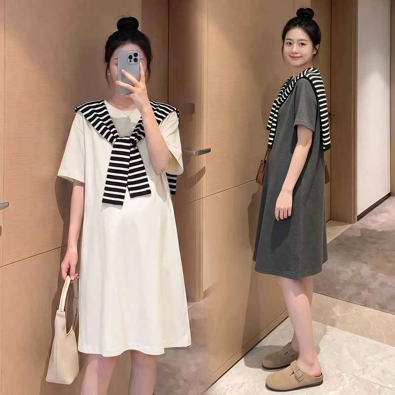 Maternity Dress Summer New Style Casual Round Neck Loose Fit Plus Size Mid-Length T-Shirt Dress for Petite Women during Pregnancy
