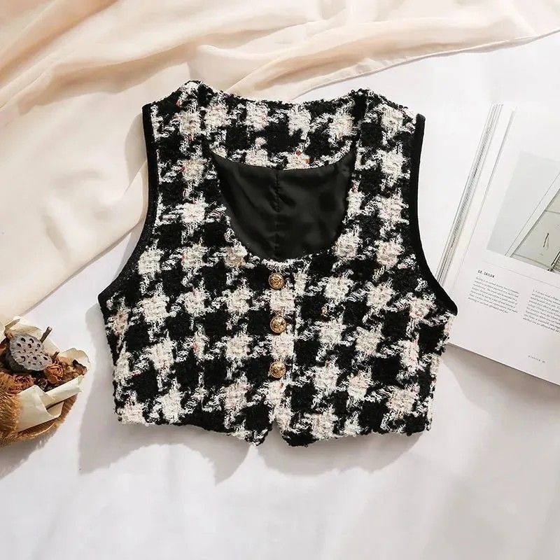 Tweed Style V Neck Short Houndstooth Vest for Women 2026 Spring & Fall New Retro Fashion Layered Sleeveless Waistcoat