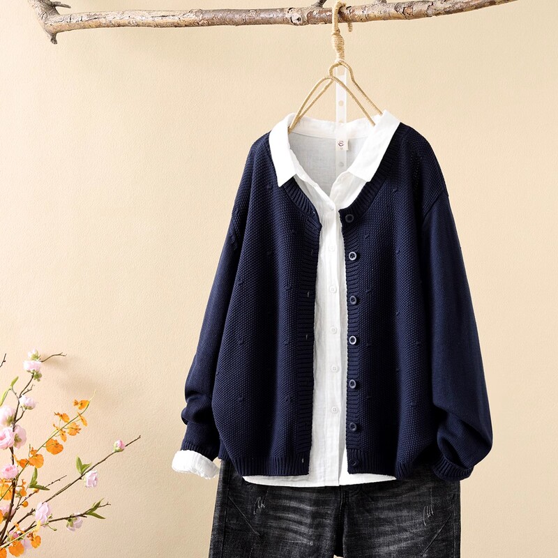 Retro Literary Pure Color Knitted Cardigan for Women, Spring & Fall New Style, Loose and Versatile, Elegant, Age-Reducing, High-End Sweater Top