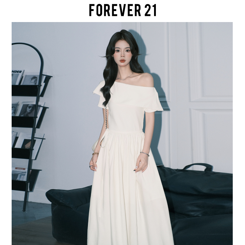Forever21 High-End Elegant Off-Shoulder Dress for Women, A-Line Waist-Cinching Long Skirt, French Ruffled White Dress Forever21 High-End Elegant Off-Shoulder Dress for Women, A-Line Waist-Cinching Long Skirt, French Ruffled White Dress
