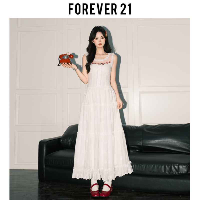 Forever21 Stunning White Floral Tank Dress for Women, Spring Waist-Cinching A-Line Lace Patchwork Tiered Long Dress