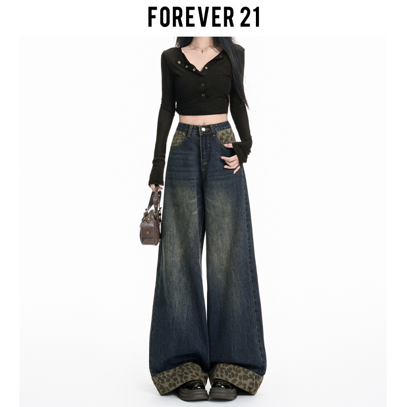 Forever 21 American-Style Leopard Print Patchwork Wide-Leg Jeans for Women, Vintage Blue High-Waisted Loose Drape Straight Pants Forever 21 American-Style Leopard Print Patchwork Wide-Leg Jeans for Women, Vintage Blue High-Waisted Loose Drape Straight Pants