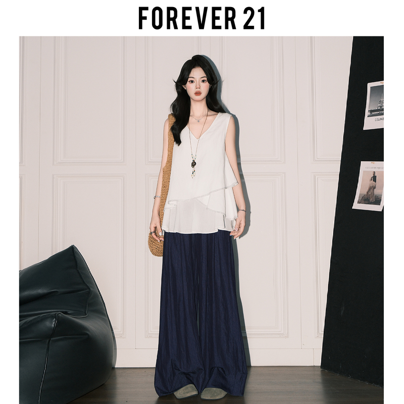 Forever 21 Lazy Deep Blue Silk Loose Wide-Leg Casual Pants for Women, Drapey High-Waisted Cool Straight-Leg Long Pants