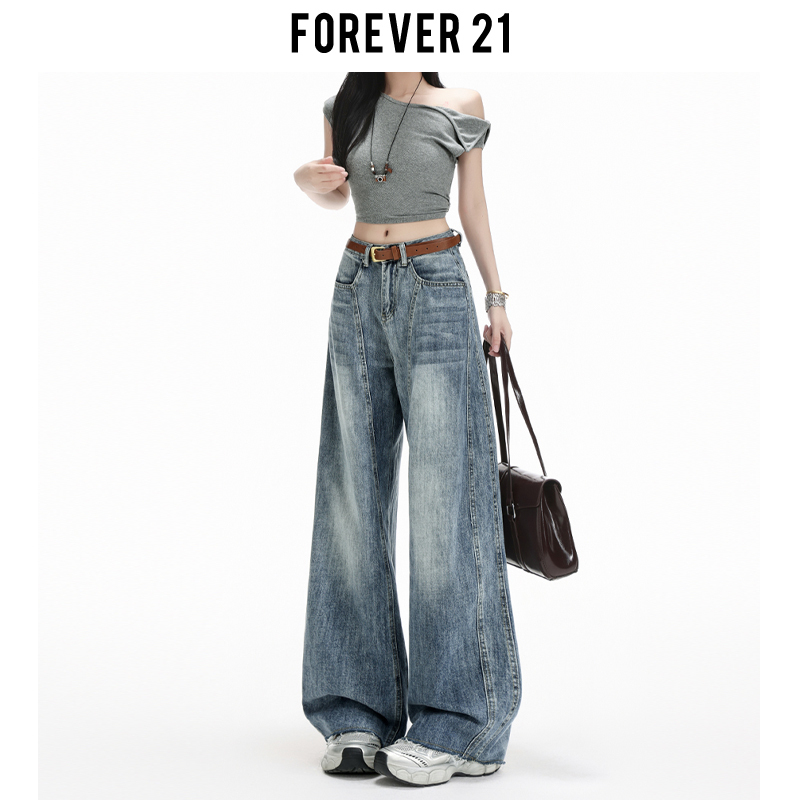 Forever 21 High Street American Retro Blue Wide-Leg Jeans for Women with a High-Waisted, Drapey, Loose Straight-Leg Design