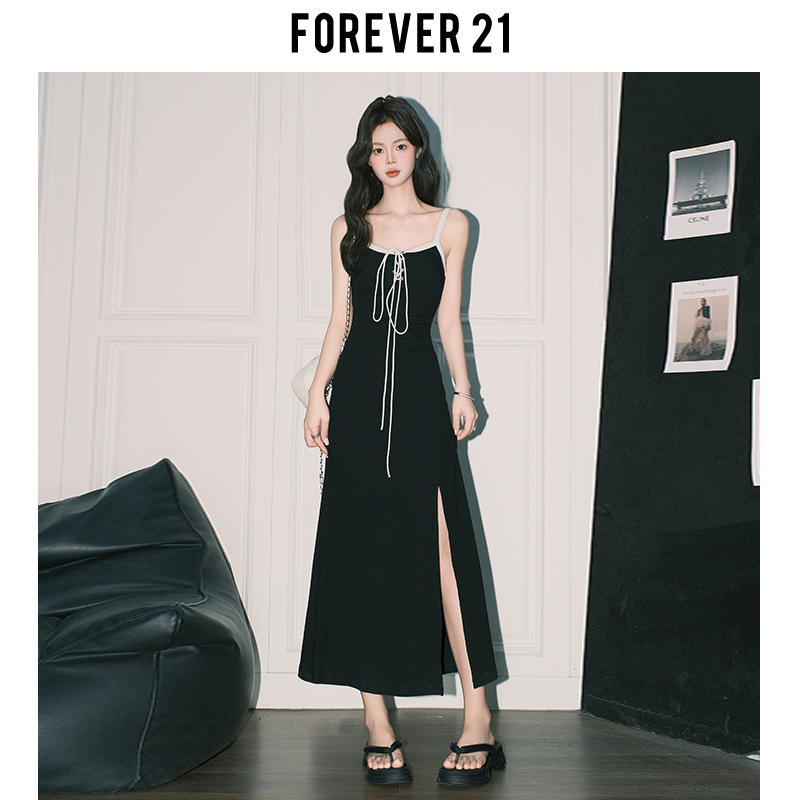 Forever21 American Style Spicy Girl Black A-Line Spaghetti Strap Dress Women's New Chic Waist-Cinching Tie Slit Long Dress