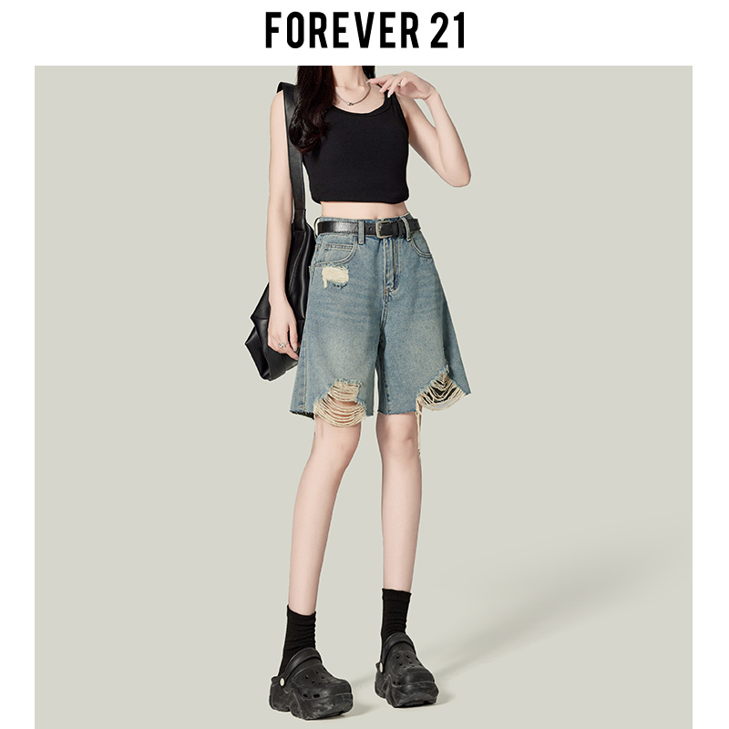 Forever 21 Retro Blue Ripped Denim Shorts for Petite Women, Summer High-Waisted Straight Shorts, Loose Mid-Length Pants