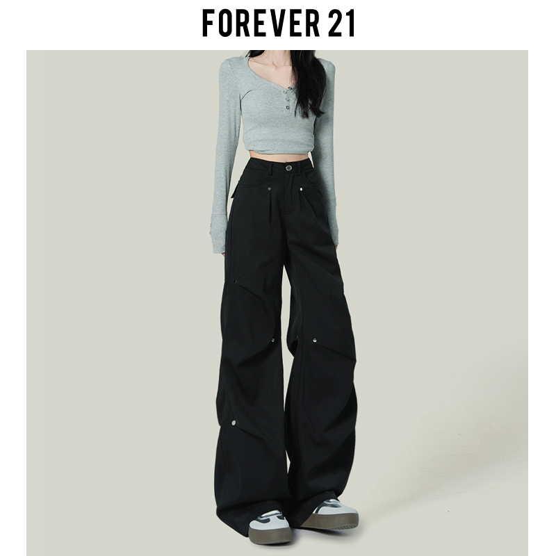 Forever 21 Versatile Black Studded Cargo Casual Pants for Women 2026 High-Waisted Street Style Slimming Loose Wide-Leg Pants