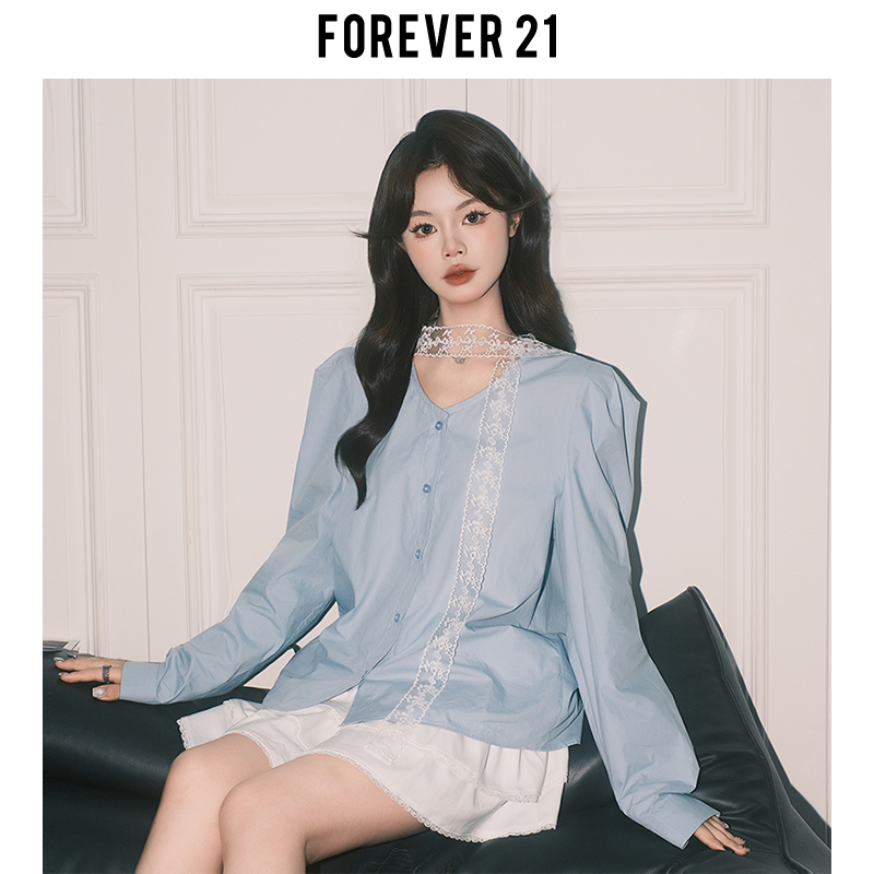 Forever 21 French-Style Light Blue Puff Long-Sleeve Loose Shirt for Women, Early Spring Chic Age-Reducing Lace Ribbon Top