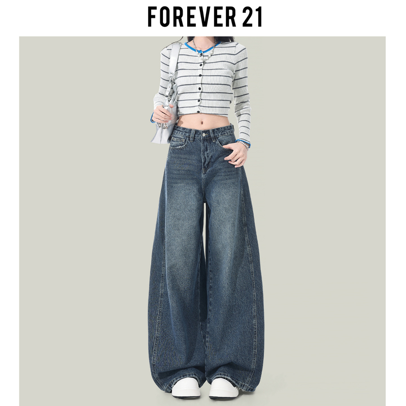 Forever 21's Trendy American-Style Dark Blue Scimitar-Cut Wide-Leg Jeans for Women, High-Waisted, Drapey, Pear-Shaped Straight-Leg Pants