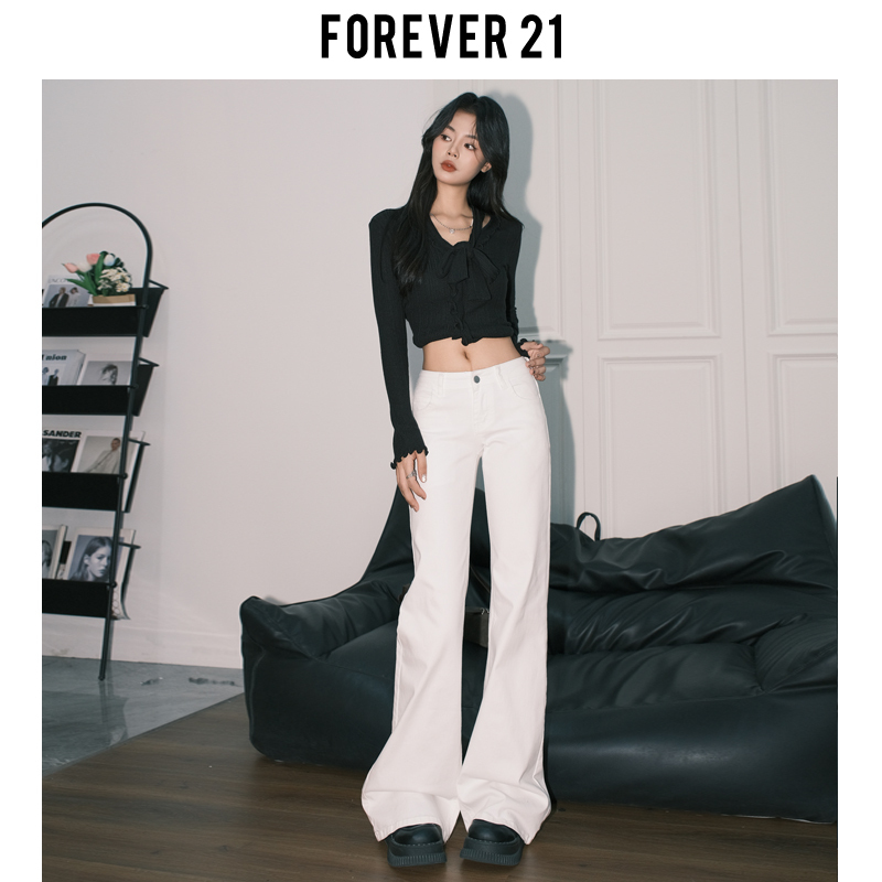 Forever 21 American Style White Flared Jeans for Women, Spring Low-Rise, Non-Tight, Bootcut, Floor-Length Pants Forever 21 American Style White Flared Jeans for Women, Spring Low-Rise, Non-Tight, Bootcut, Floor-Length Pants