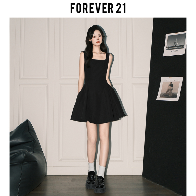 Forever21 Retro Black Waist-Cinching Square-Neck Vest Dress for Women, Hepburn Style A-Line Little Black Dress, Elegant Short Skirt