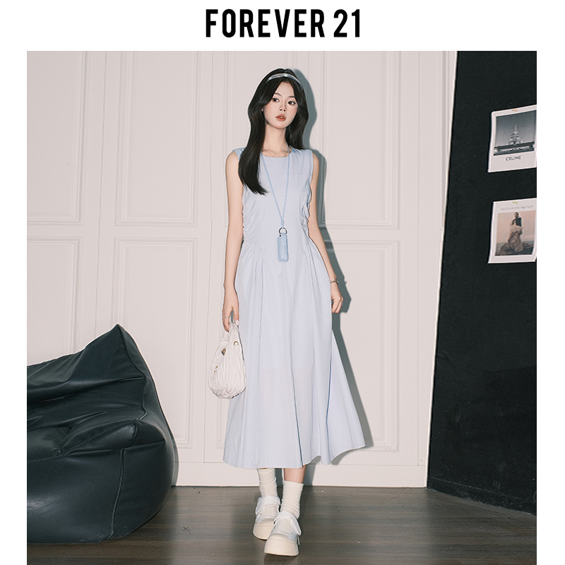 Forever21 Korean Chic Light Blue Round Neck Dress for Women Early Summer A-Line Tank Dress Casual Waist-Cinching Long Dress
