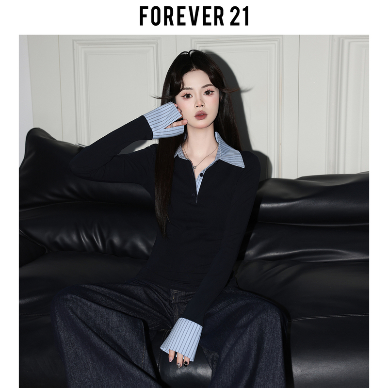 Forever21 High-Fashion Color-Block Striped Faux Two-Piece T-Shirt for Women, Elegant Navy Blue Long-Sleeve Polo Top Forever21 High-Fashion Color-Block Striped Faux Two-Piece T-Shirt for Women, Elegant Navy Blue Long-Sleeve Polo Top