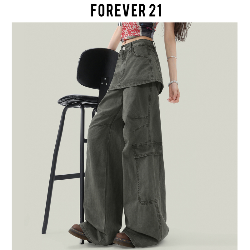 Forever 21 Retro Army Green High-Waisted Wide-Leg Jeans for Women, Loose Fake Two-Piece Workwear Straight-Leg Pants