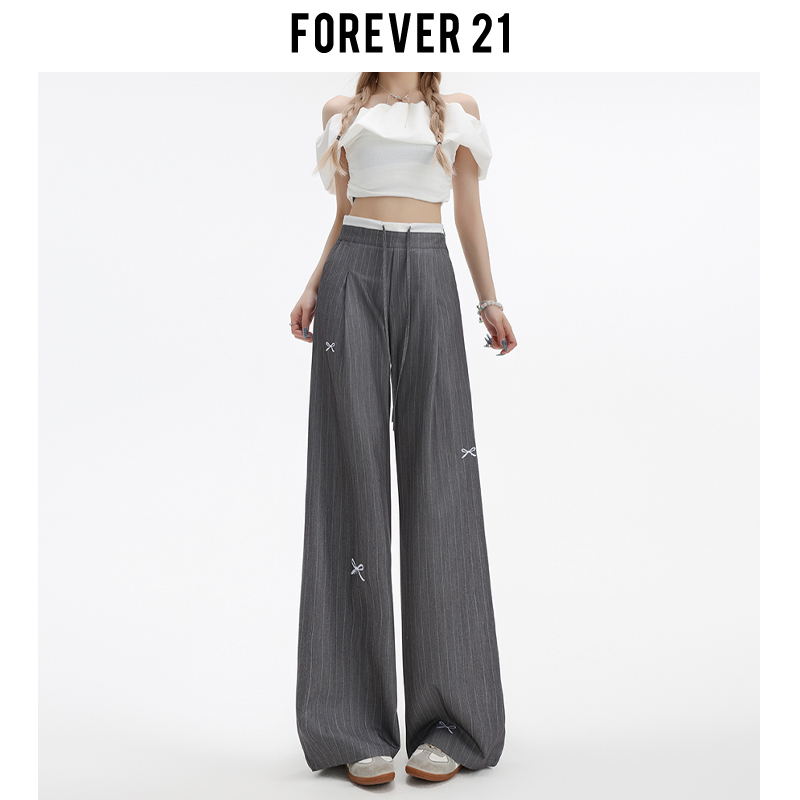Forever 21 American-Style Gray Striped Bow Tie Suit Pants for Women, Lace High-Waisted Loose Wide-Leg Casual Pants Forever 21 American-Style Gray Striped Bow Tie Suit Pants for Women, Lace High-Waisted Loose Wide-Leg Casual Pants