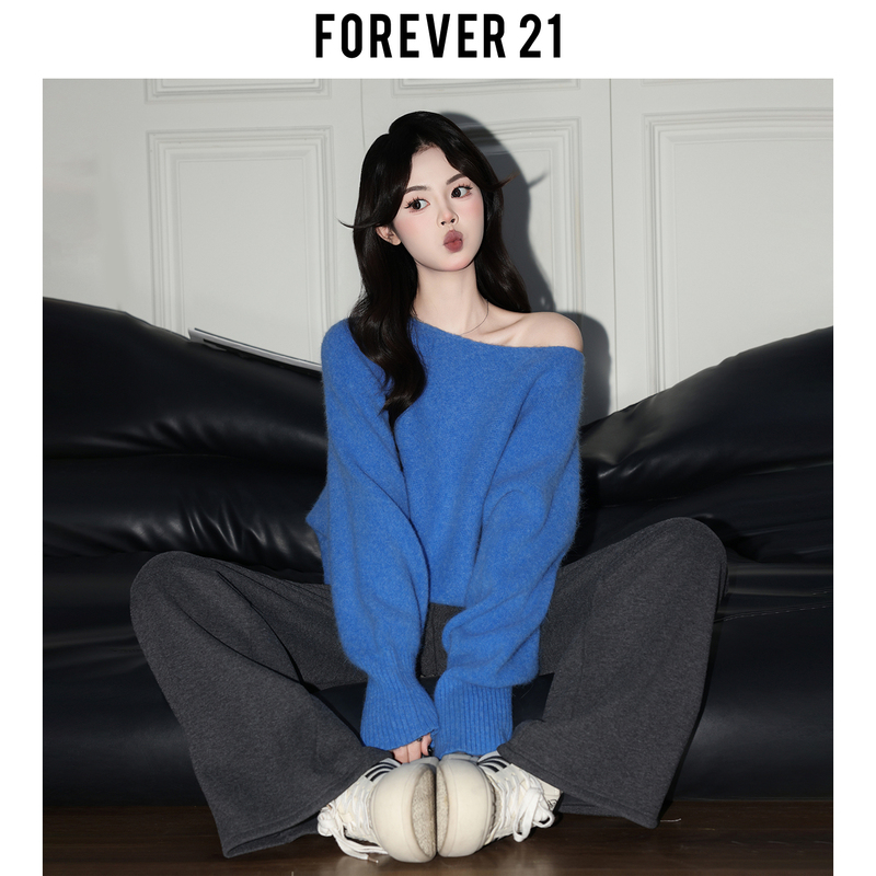 Forever 21 Klein Blue Round Neck Soft Knit Sweater for Women, Winter Loose Fit, Warm Long Sleeve Off-Shoulder Top