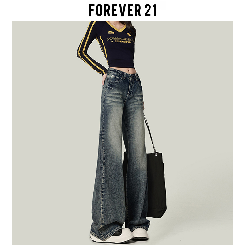 Forever 21 Nostalgic Retro Blue Loose Wide-Leg Jeans for Women, American High Street Style, Fleece-Lined, Low-Waisted Straight Pants
