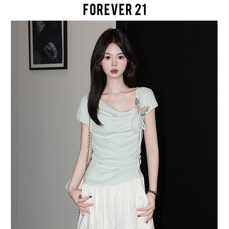 Forever21 Summer Unique Light Blue Off-Shoulder Short-Sleeve T-Shirt for Women with a Bow, Slim-Fit Waist-Cinching Top Forever21 Summer Unique Light Blue Off-Shoulder Short-Sleeve T-Shirt for Women with a Bow, Slim-Fit Waist-Cinching Top