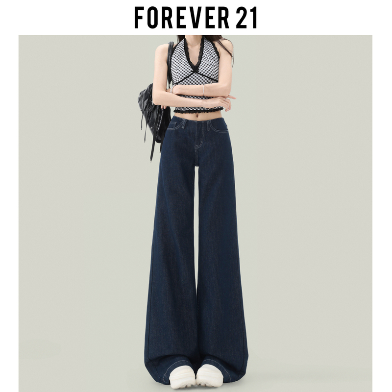 Forever 21 American-Style Dark Blue Narrow Low-Rise Wide-Leg Jeans for Women, New Retro Pear-Shaped Drape Straight-Leg Pants